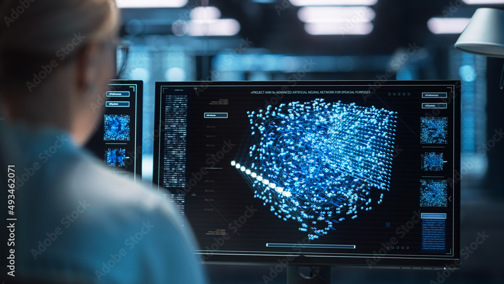 Aufkleber Female Technical Operator Works at Her Workstation with Multiple Displays Showing Neural Network In the System Control Room. IT Technician Works on Artificial Intelligence, Big Data Mining Project.