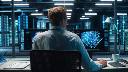 Back View of the Data Analysts Work on Visualisation with Machine Learning on Two Computer Screens...
