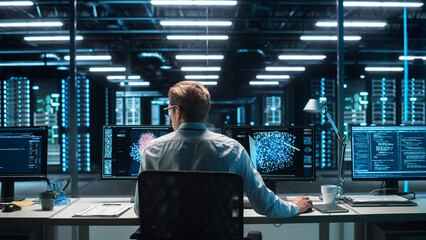 High-Tech Data Center Server Control: IT Specialist Administrator Working on Computer, Screen...