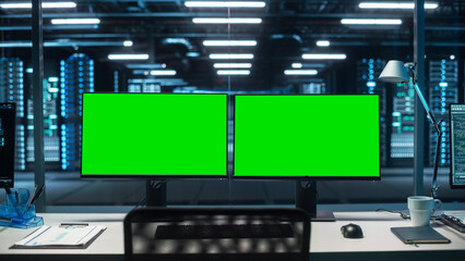 Two Screens Showing Advanced Neural Network. AI Analysis on Computer Monitors in High-Tech Big Data Center. Concept of Web Services, Machine Learning, Cyber Security
