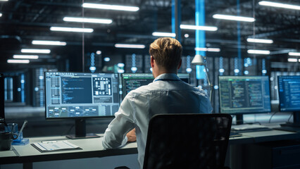 Operator Sitting and Monitoring Various Activities Showing on Multiple Displays with Graphics. IT Technician Working on Artificial Intelligence, Big Data Mining, Neural Network Project.