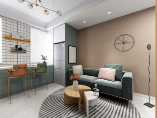 3d illustration, small family living room has a projector and is connected to the kitchen