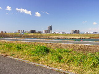 サイクリング道路のある春の江戸川土手風景