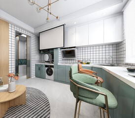 3d illustration, small family living room has a projector and is connected to the kitchen
