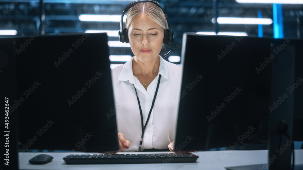 Poster Technical Data Call Center and Helpful Customer Service. Caucasian Customer Service Use PC Computer and Answer Questions on Phone Line at Modern Co-working. Busy Seller at Agency Office Concept