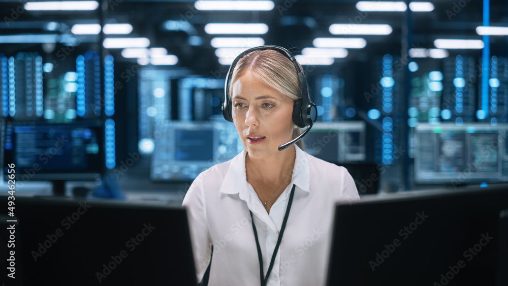 Poster busy caucasian woman customer service support agent in headset talking with client and looking at th