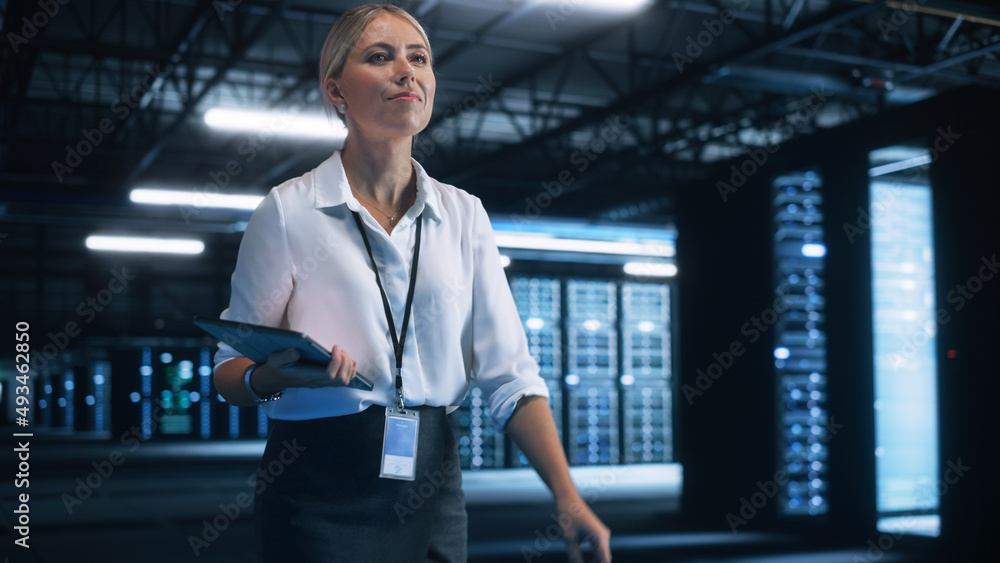 Poster evening office: portrait of successful male chief engineer or ceo using tablet computer to optimise 