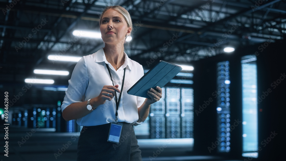 Poster Data Center Female e-Business Entrepreneur Use Tablet Computer with Pleasure Smile. Information Technology Engineer and System Administrator work in Big Cloud Computing Server Farm.