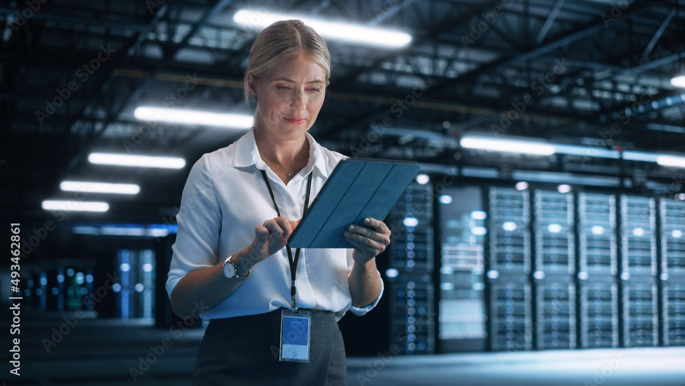 Poster Data Center Female e-Business Entrepreneur Use Tablet Computer with Pleasure Smile. Information Technology Engineer and System Administrator work in Big Cloud Computing Server Farm.