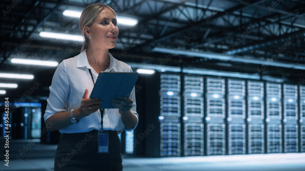 Aufkleber Female Engineer Programs Something while Holding Tablet Computer in Hands. She Works in a Dark Modern High-Tech Office. High-Speed Data Transfer and Smooth Server Operation, Analytics