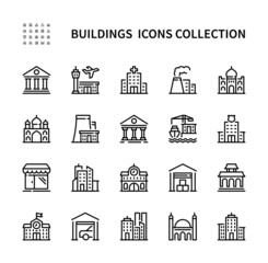 Buildings and structures vector line icons. Isolated collection of building icon on white background. Buildings symbol vector set.