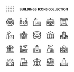 Buildings vector line icons. Isolated icon collection on white background. Buildings symbol vector set.