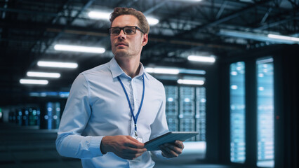 Young Caucasian Female Employee Uses Tablet Computer in System Control Monitoring Center. In the Background Night Corridor of her Office. Smooth Server Operation, Analytics, Statistics Concept