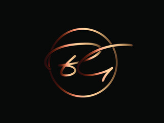 BG monogram logo.Calligraphic signature icon.Letter b and letter g.Lettering sign isolated on dark fund.Wedding, fashion, beauty alphabet initials.Elegant, handwritten, luxury style.Circle frame.