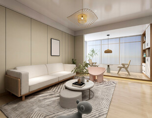 3D rendering, spacious living room design of modern residence, with sofa, tea table, decorative painting, etc