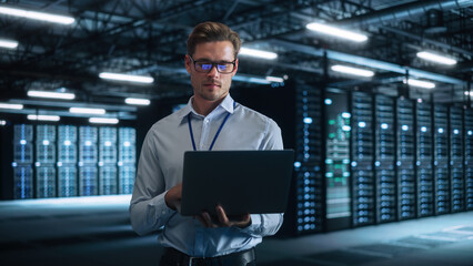 Successful Businessman in Formal Clothes Working on Laptop and Looking at the Screen in Office....