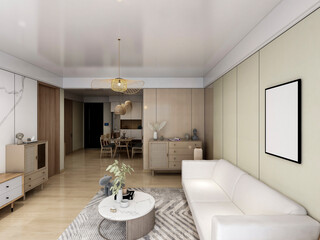 3D rendering, spacious living room design of modern residence, with sofa, tea table, decorative painting, etc
