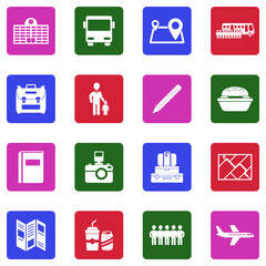 School Trip Icons. White Flat Design In Square. Vector Illustration.