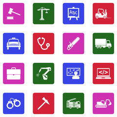 Work Icons. White Flat Design In Square. Vector Illustration.