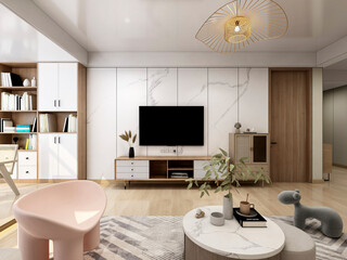 3D rendering, spacious living room design of modern residence, with sofa, tea table, decorative painting, etc