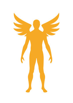 Vector yellow silhouette of a male angel figure. Isolated on white background.