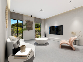 3D rendering, spacious living room design of modern residence, with sofa, tea table, decorative painting, etc