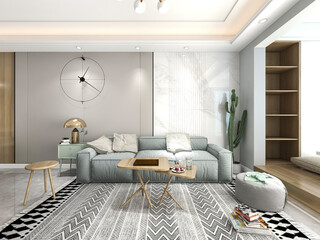 3D rendering, spacious living room design of modern residence, with sofa, tea table, decorative painting, etc
