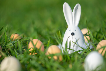 white ceramic rabbit on green grass in a field with eggs