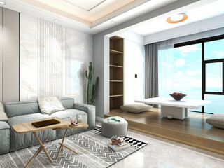 3D rendering, spacious living room design of modern residence, with sofa, tea table, decorative painting, etc