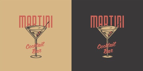 Martini vector cocktail with olives for alcohol bar. Monochrome design with glass of martini for drink party - obrazy, fototapety, plakaty