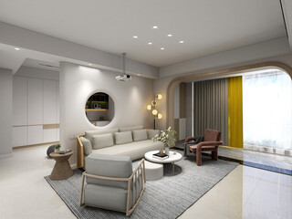 3D rendering, spacious living room design of modern residence, with sofa, tea table, decorative painting, etc