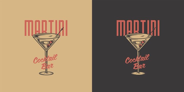 Martini vector cocktail with olives for alcohol bar. Monochrome design with glass of martini for drink party