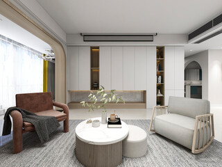 3D rendering, spacious living room design of modern residence, with sofa, tea table, decorative painting, etc