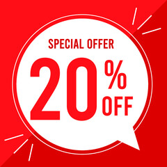 20 percent off. Discount for big sales. Yellow balloon on a red background.