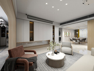 3D rendering, spacious living room design of modern residence, with sofa, tea table, decorative painting, etc