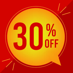 30 percent off. Discount for big sales. Yellow balloon on a red background.