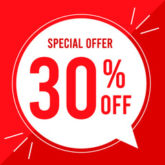 30 percent off. Discount for big sales. Yellow balloon on a red background.