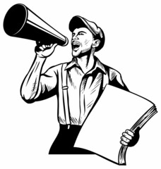 Realistic vector newspaper boy with the speaking trumpet, holding the pack of newspapers, on white background.