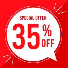 35 percent off. Discount for big sales. Yellow balloon on a red background.