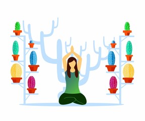 Trendy poster with a girl doing yoga. Fashion illustration for people who lead a healthy lifestyle. Contemporary design of modern people. 