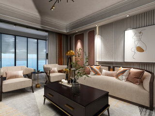 3D rendering, spacious living room design of modern residence, with sofa, tea table, decorative painting, etc