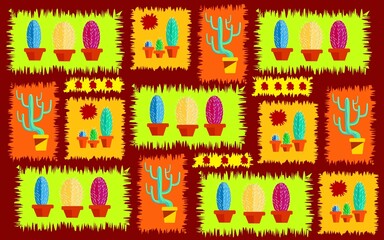 Fashion poster in Mexican style with cacti and folk ornaments. Beautiful design for postcards, posters, banners. Modern painting for print. Backround decor with desert plants.