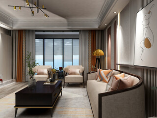 3D rendering, spacious living room design of modern residence, with sofa, tea table, decorative painting, etc