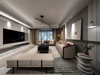 3D rendering, spacious living room design of modern residence, with sofa, tea table, decorative painting, etc