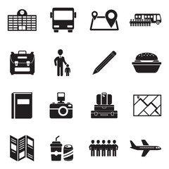 School Trip Icons. Black Flat Design. Vector Illustration.
