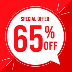 65 percent off. Discount for big sales. Yellow balloon on a red background.