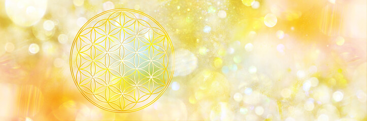 Banner funkelnde Blume des Lebens in einer strahlend hellen Dimension weiß-goldenen Lichts