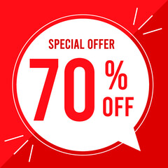70 percent off. Discount for big sales. Yellow balloon on a red background.