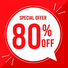 80 percent off. Discount for big sales. Yellow balloon on a red background.