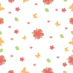 Bright spring summer seamless pattern. Flowers and butterflies. Vector illustration